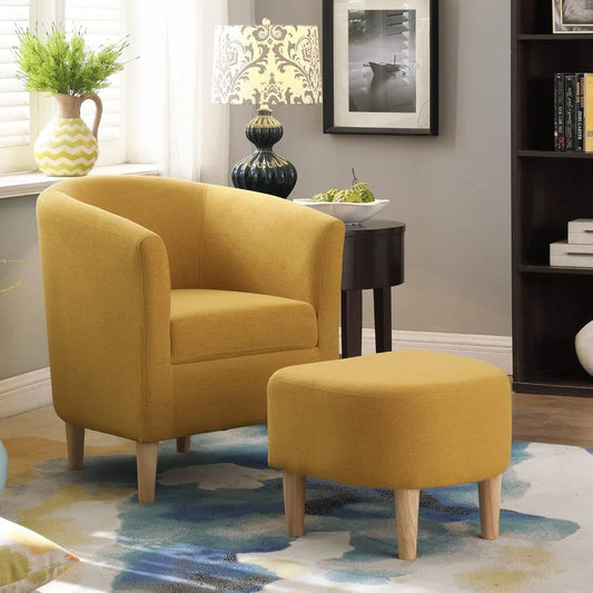 Modern Accent Chair, Upholstered Arm Chair Linen Fabric Single Sofa Chair with Ottoman Foot Rest Mustard Yellow Comfy Armchair