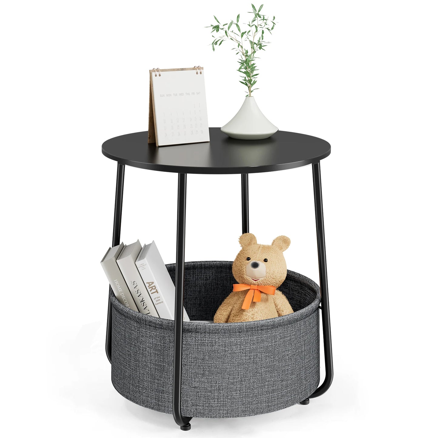 JHK Small Round Side Coffee Tables For Living Room Nightstand Bedside Table with Fabric Basket for Bedroom Nursery Steel Frame