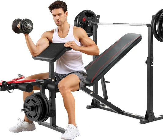 Olympic Weight Bench, 900 LBS Adjustable Weight Bench and Squat Rack, Bench Press Set with Leg Extension, Preacher Curl Pad, Wor