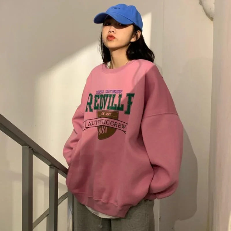 Autumn Women Loosed Hoodies Harajuku Letter Print Drawstring Sweatshirt Winter Fleece Warm BF Unisex Vintage 1981 Pullover