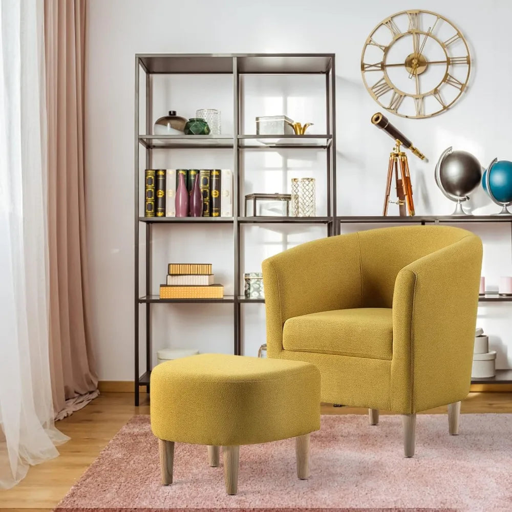 Modern Accent Chair, Upholstered Arm Chair Linen Fabric Single Sofa Chair with Ottoman Foot Rest Mustard Yellow Comfy Armchair