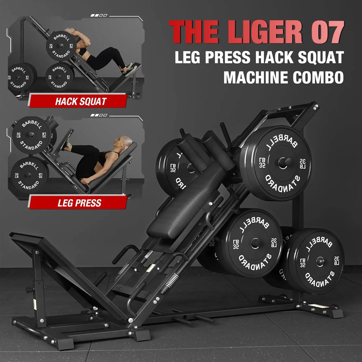 Leg Press Hack Squat Machine Combo, Leg Exercise Machine with Linear Bearing, 45-Degree Lower Body Special with Weight Storage f