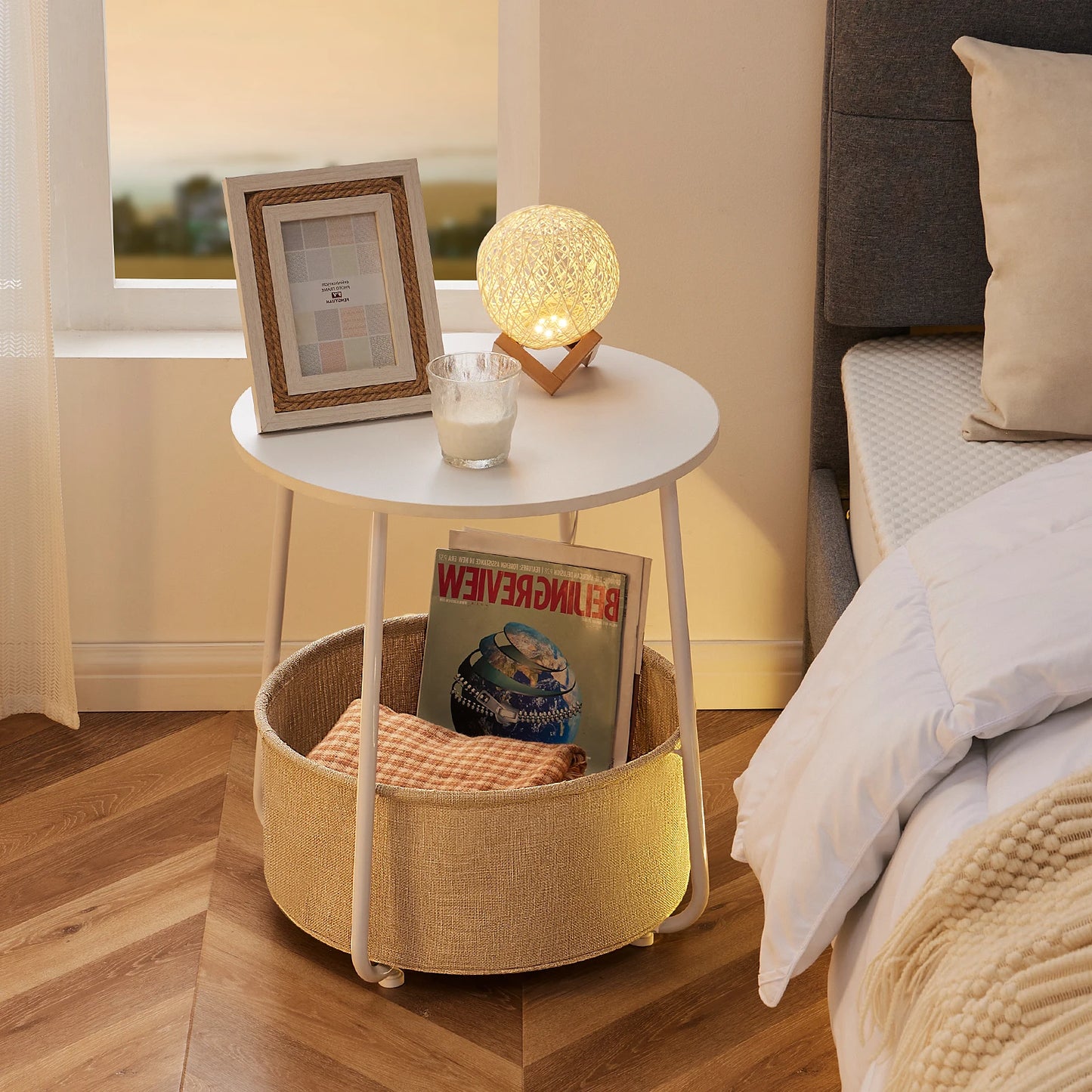 JHK Small Round Side Coffee Tables For Living Room Nightstand Bedside Table with Fabric Basket for Bedroom Nursery Steel Frame