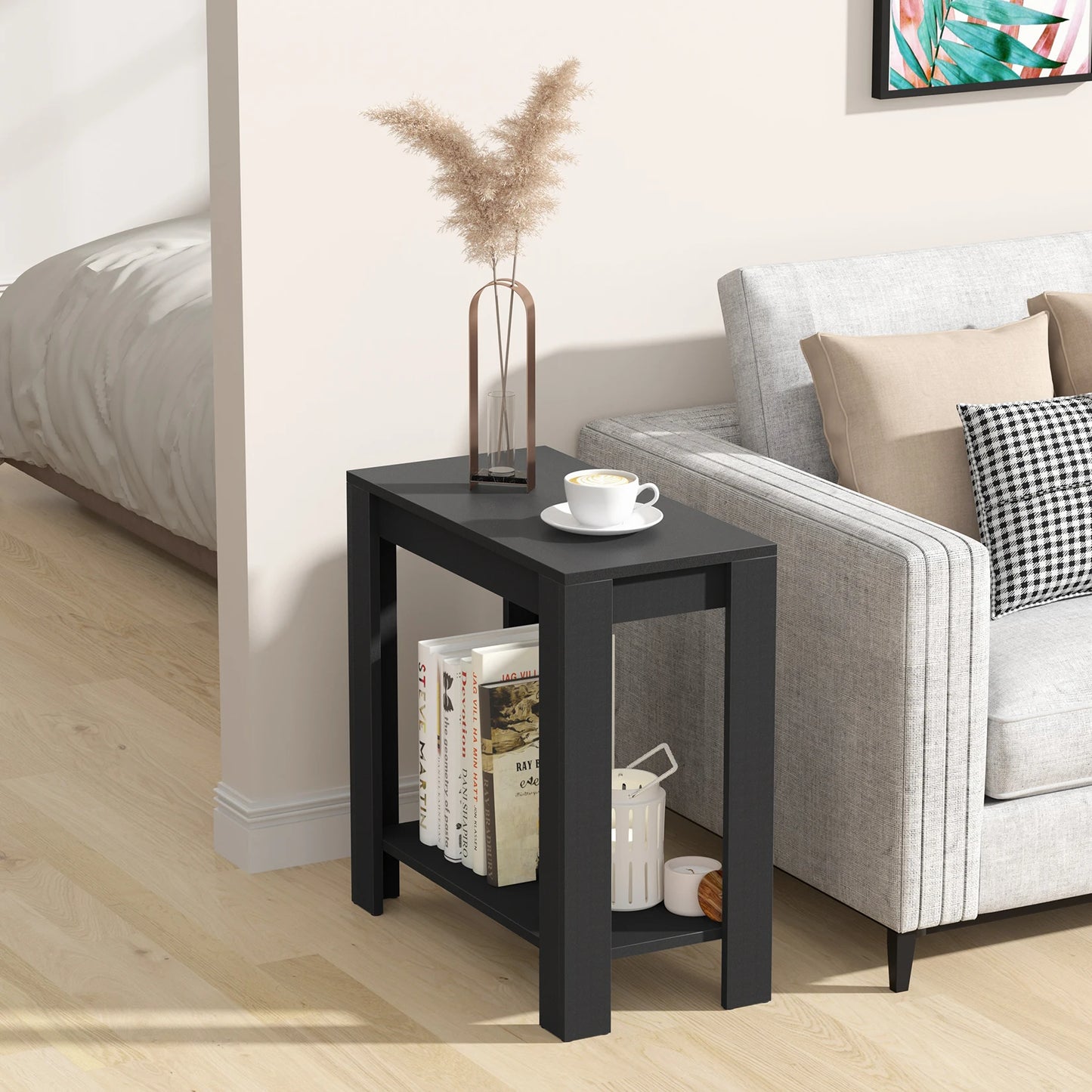 Narrow Sofa Side Table with 2-Tier Open Storage Spaces Modern Living Room Offices End Table Nightstand for Condos, Apartment