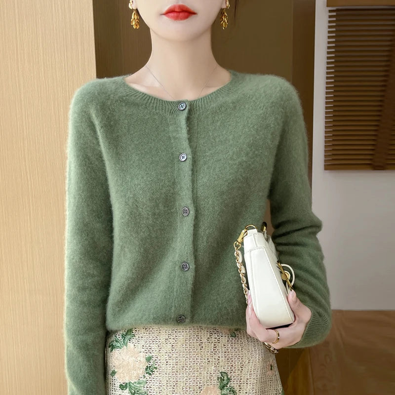 100% Merino Wool Long Sleeve Sweaters Cashmere Cardigan Spring Autumn Women O-Neck Knitwear Tops Clothing Fashion Basic Tops