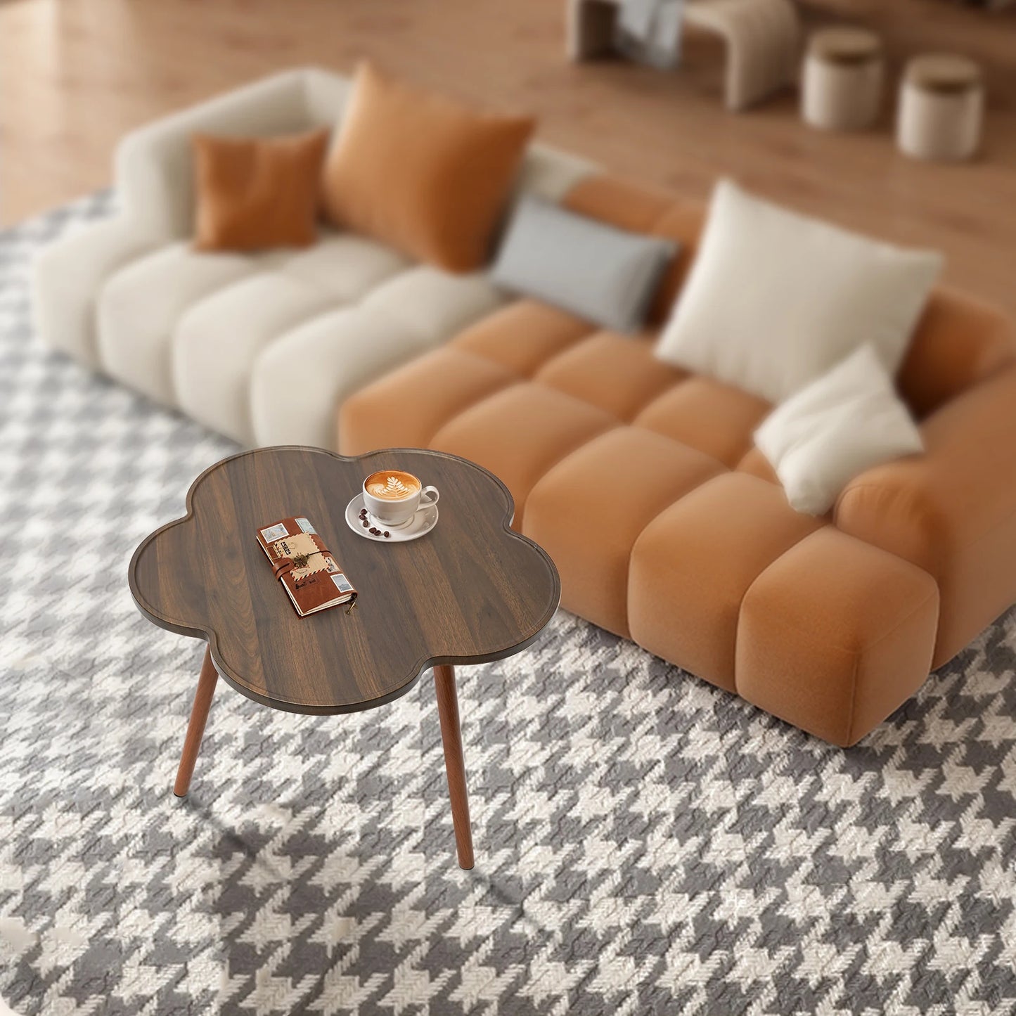 Wooden Coffee Table Flower Shape Modern Cute Tray Snack Tea Table Accent Balcony Living Room Furniture