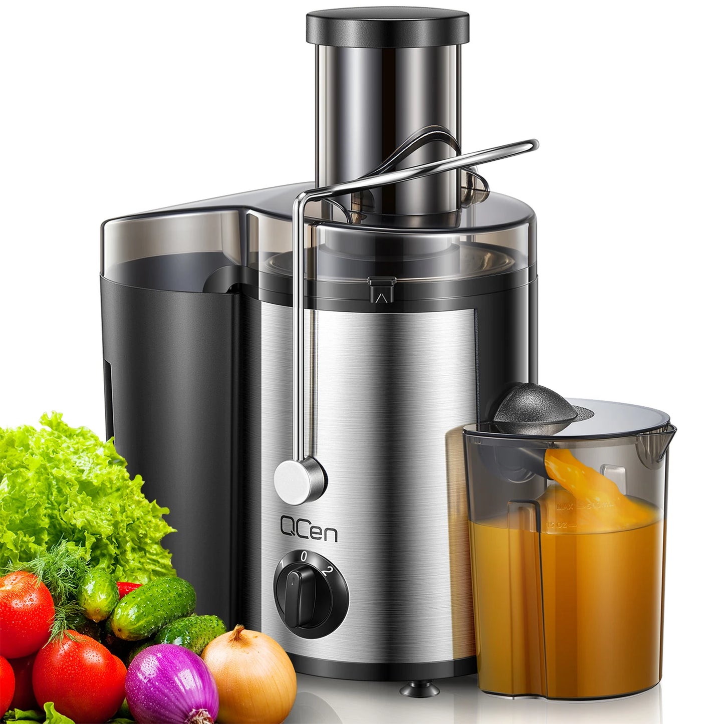 Qcen Juicer Machine, 500W Centrifugal Juicer Extractor with Wide Mouth 3” Feed Chute for Fruit Vegetable, Easy to Clean