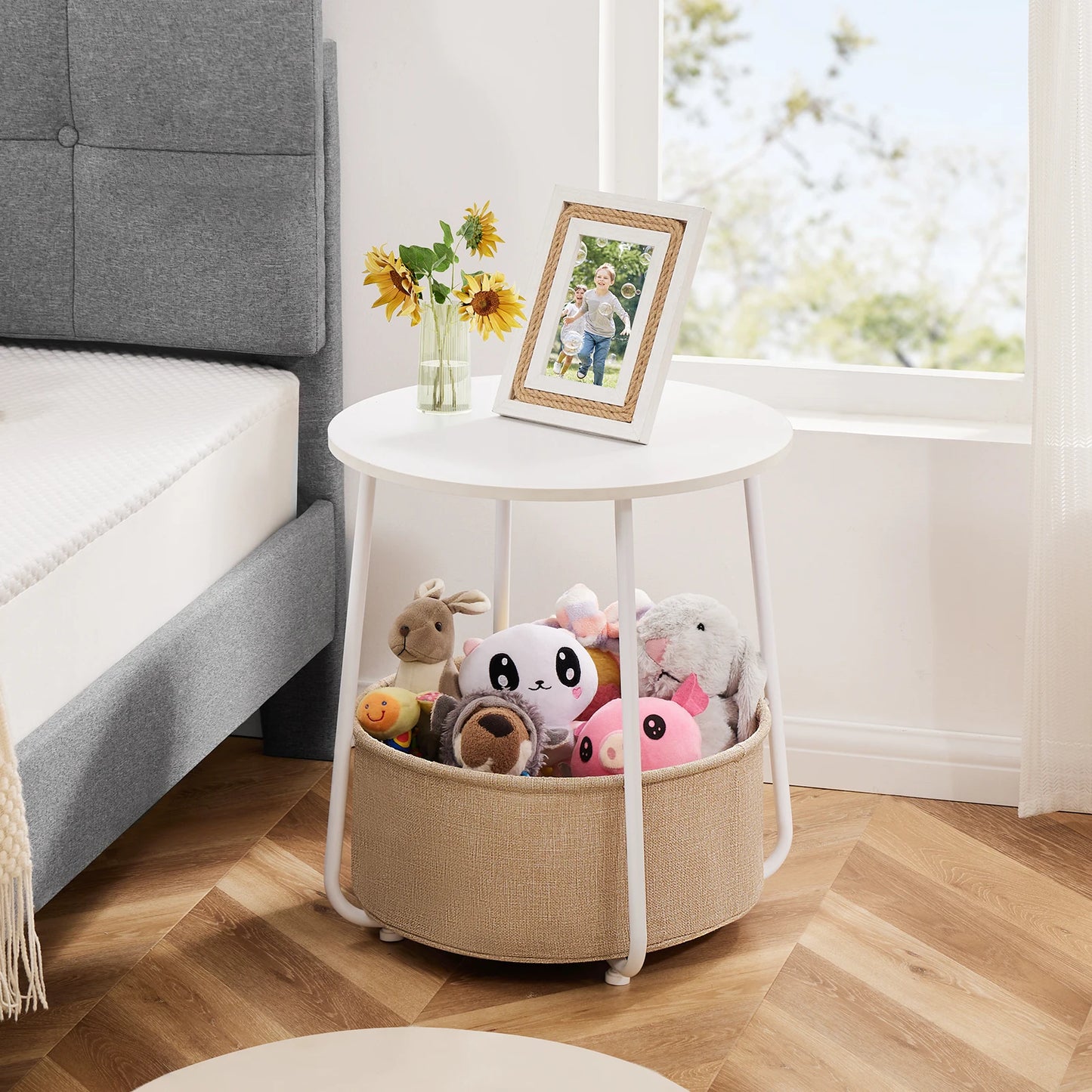 JHK Small Round Side Coffee Tables For Living Room Nightstand Bedside Table with Fabric Basket for Bedroom Nursery Steel Frame